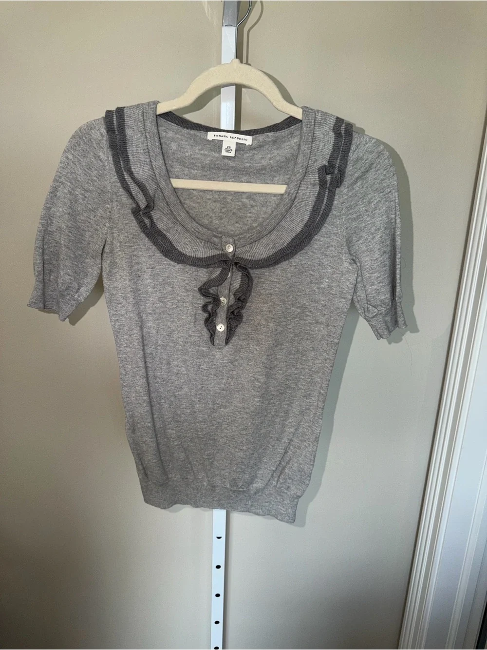 Banana Republic Gray Pima Cotton Wool Ruffle Neck Puff Sleeve Knit Top XS